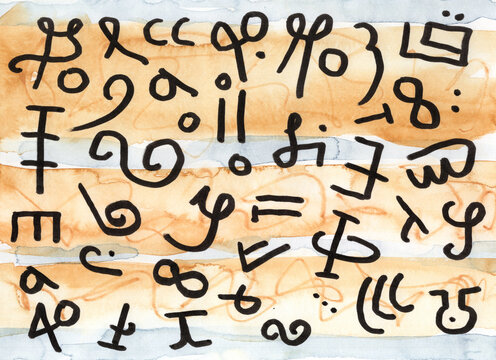Watercolor illustration of ancient asemic writing and secret code