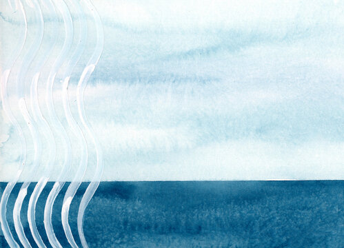 Abstract blue watercolor painting with white waves and copy space
