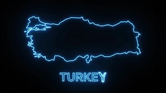 Neon blue glowing map outline of turkey on black background