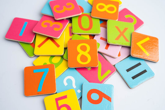 Number wood block cubes for learning Mathematic, education math.
