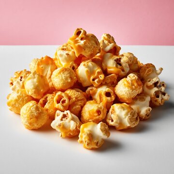 Delicious popcorn coated in rich melted cheese stacked on a pristine white surface with a playful pink background