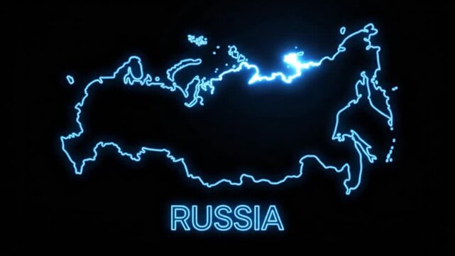 Neon blue glowing map outline of russia on black background