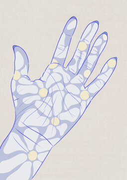 Illustration shows a hand with palmistry lines and floral pattern