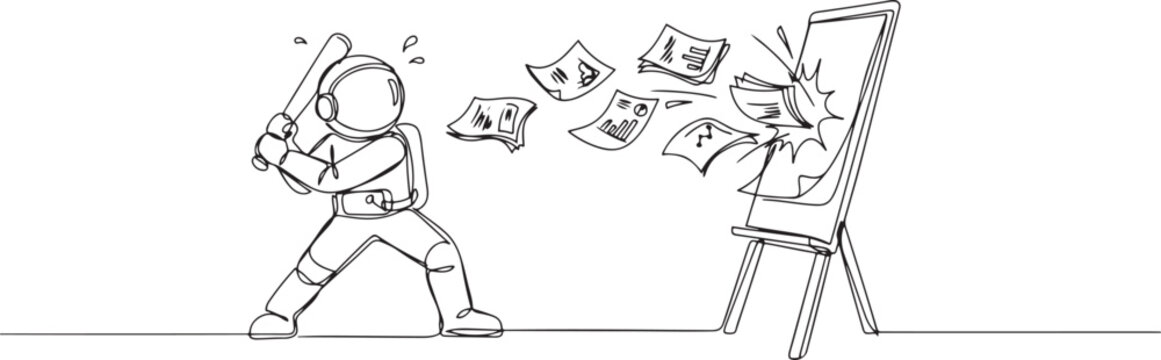 Single one line drawing young astronaut preparing to hit the big flip chart. Rampage. Destroy business reports that are not as desired. Anger exploded. one line Icon drawing