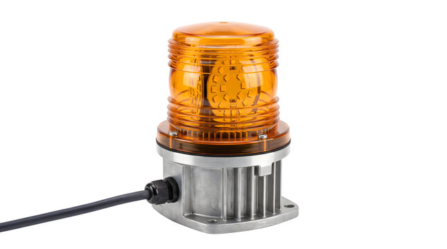 Amber LED warning beacon light isolated on white, orange emergency strobe flasher signal light, industrial safety equipment beacon