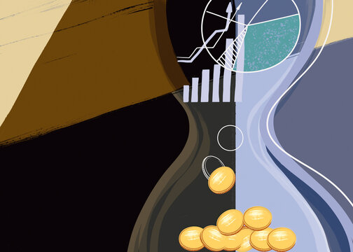 Abstract hourglass with financial charts and gold coins