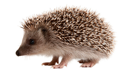 Small brown hedgehog with sharp quills standing on side profile © Rowan