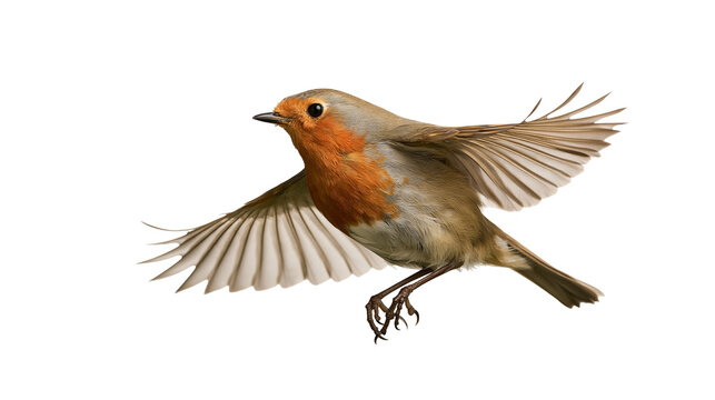 European robin bird in flight with orange breast and brown wings