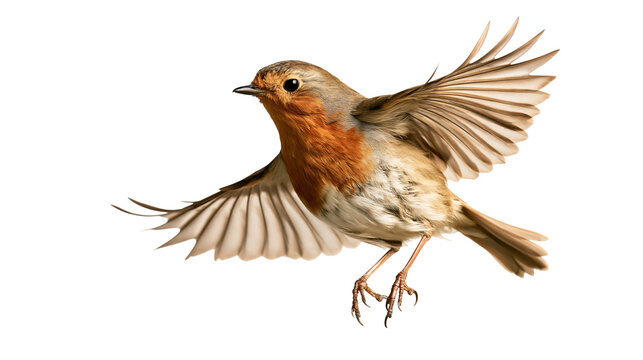 European robin bird in flight with orange breast and brown wings