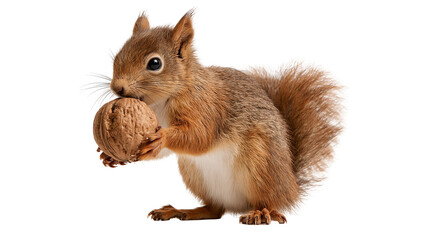 Red squirrel holding a large brown walnut in its paws © Rowan