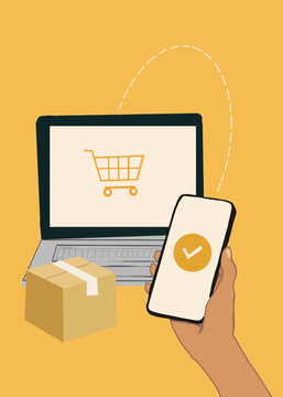 Hand uses smartphone for online shopping and package delivery