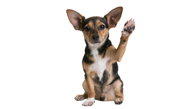 Small black and tan chihuahua dog sitting and waving with its front paw