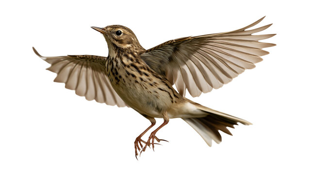 Meadow pipit bird in flight with wings spread wide