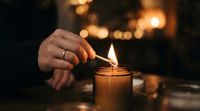 Hand Lighting a Candle with Bright Shining Flame and Blurry Lights. Warm Glow, Ignition, Celebration, Relaxation, Spirituality, Romance and Cozy Atmosphere