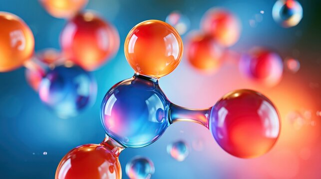 Molecular structure with interconnected spheres in vibrant colors against a blurred background.