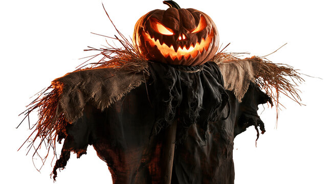 Scary glowing jack-o-lantern pumpkin head on a rustic straw and fabric scarecrow