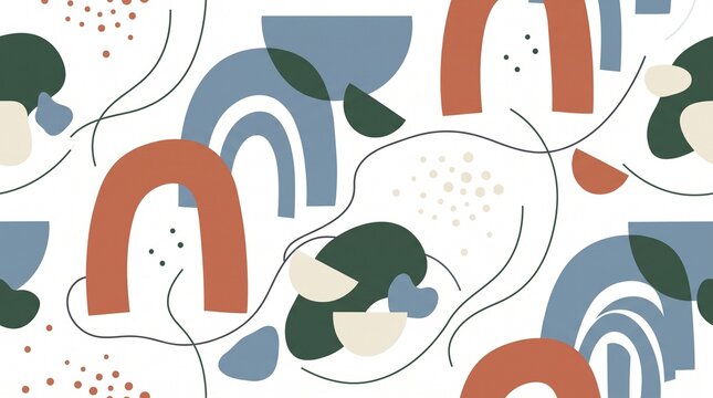 Abstract seamless pattern featuring terracotta arches and organic blue shapes