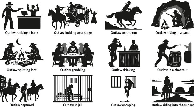 Set of black and white silhouettes depicting various scenes of wild west outlaws, including robberies, shootouts, and jail escapes