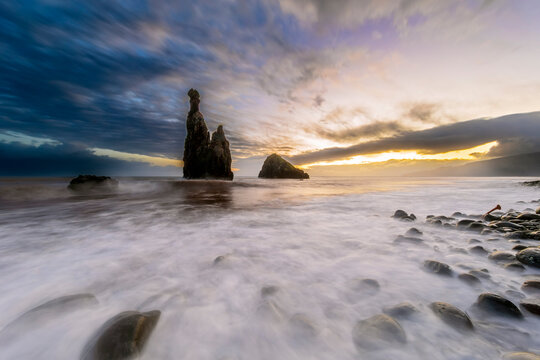 Sea stacks at Ilh�us da Ribeira da Janela Madeira before sunrise