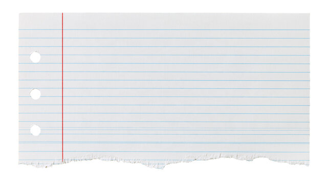 Torn piece of white lined notebook paper with three binder holes and red margin