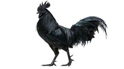 Ayam Cemani rooster with solid black feathers and dark skin standing profile © Rowan