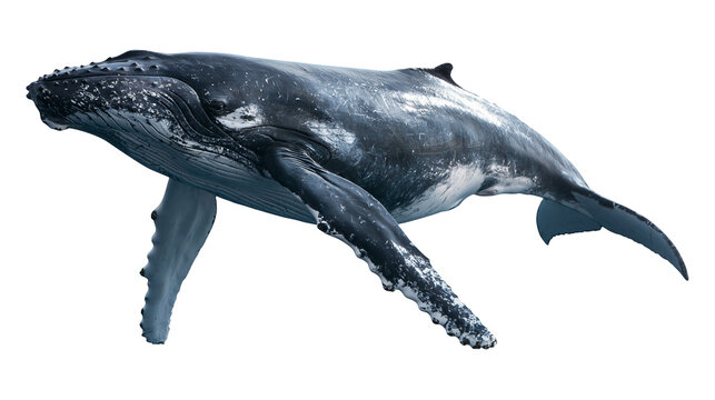 Large humpback whale swimming with long pectoral fins and textured dark skin