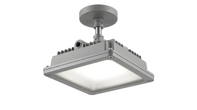 Industrial LED high bay light fixture, heavy duty explosion proof ceiling lamp, grey metal warehouse lighting luminaire