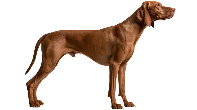 Short haired brown Vizsla dog standing in profile view