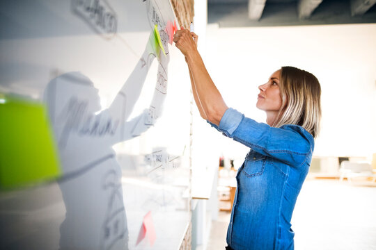Businesswoman working on whiteboard in office