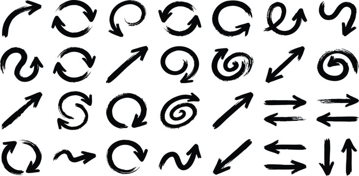Bold brush drawn curved arrows collection with hand drawn doodle marker pointers, wavy direction symbols, rough grunge brush strokes and sketchy arrow shapes vector illustration

