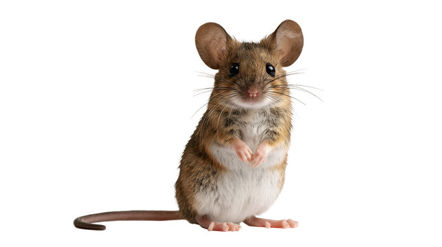 Small brown house mouse standing on hind legs with large ears and long whiskers
