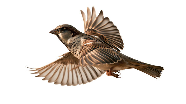 Small brown house sparrow flying with wings spread wide in mid-air