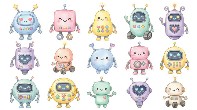 Set of cute colorful cartoon robots for kids isolated on white background