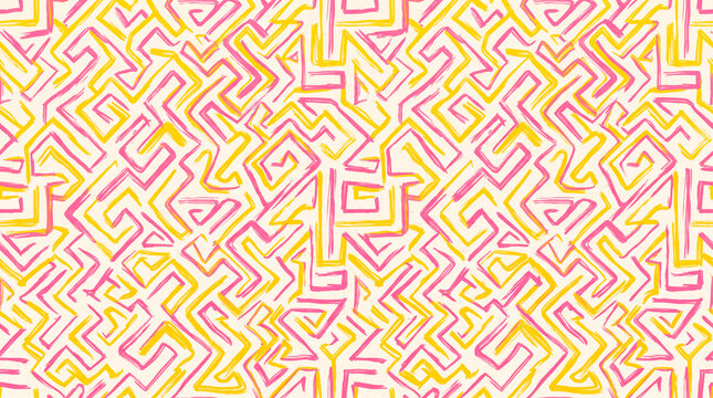 Vibrant pink and yellow abstract maze seamless pattern, 90s style doodle background with brush strokes