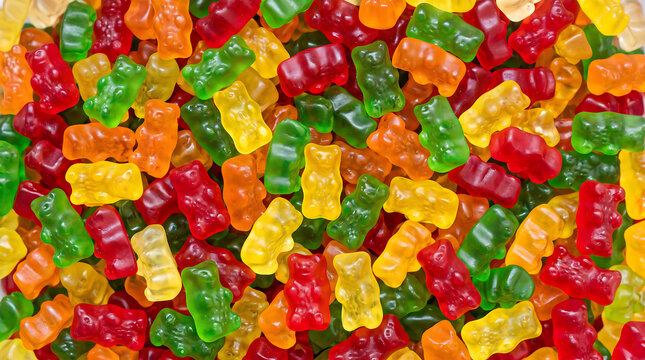Colorful bear shaped gummy candies in assorted bright flavors displayed closely together
