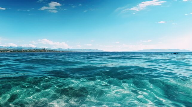 Crystal Clear Turquoise Ocean Water with Distant Shoreline Under a Bright Blue Sky.