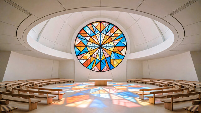 Int&eacute;rieur d'une &eacute;glise contemporaine circulaire avec vitrail