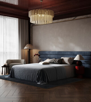 Stylish mid-century modern bedroom with blue bed and chandelier