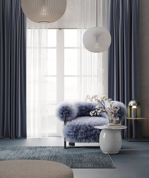 A fluffy blue armchair decorates a cozy modern living room