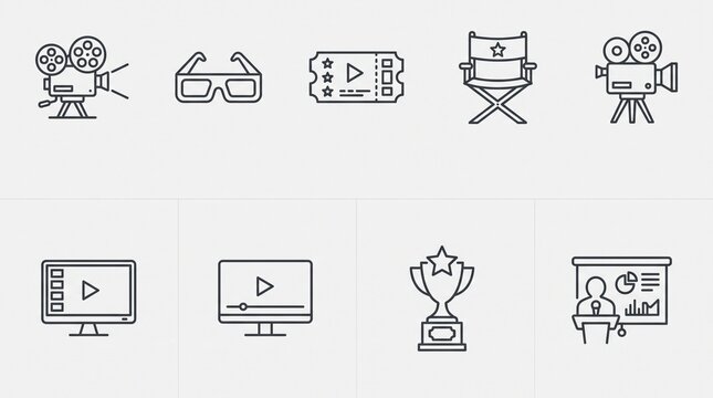 Cinema and movie line icon set with 3D glasses, film ticket, director's chair, video player and award trophy