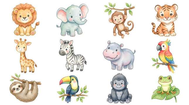 Cute cartoon wild animals collection for kids design isolated on white background