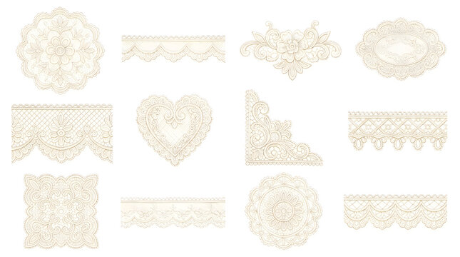 Set of decorative vintage lace borders and floral frames isolated on white background