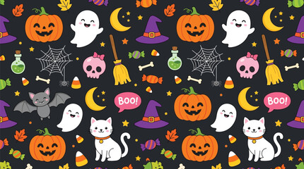 Obraz premium Seamless halloween vector pattern featuring cute cartoon pumpkins ghosts bats and witch hats on dark background