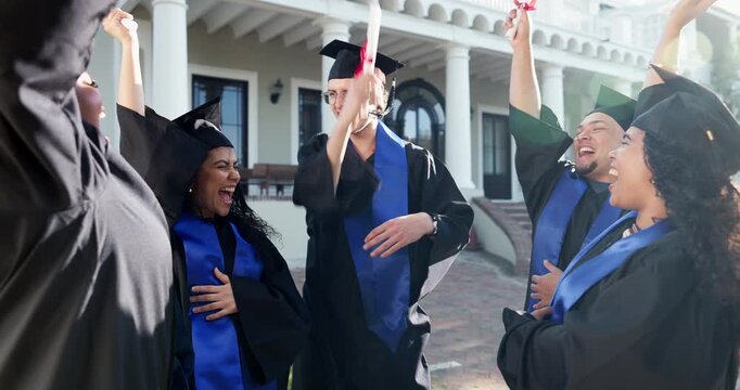 Excited, friends or diploma huddle for graduation pride, degree completion or qualification. Circle, people or happy with certificate for masters ceremony, celebration event or graduate class outdoor