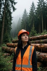 Obraz premium Confident female forester wears orange hard hat, safety vest in misty forest. Woman looks up at trees near stacked timber logs. Pro worker manages sustainable logging, nature conservation project in