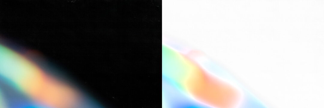 Prismatic light leak with green and orange hues, includes a transparent PNG version and a black background preview. Adds an overlay and a soft spectral glow to any composition in a suits retouching.