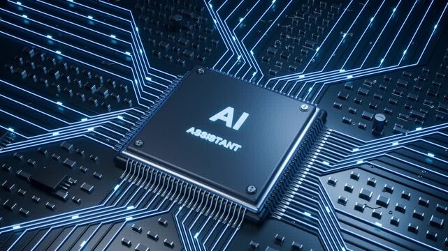 AI Assistant Microchip with Glowing Data Flow 3D Animation