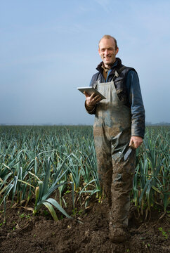 Farmer holding tablet technology in leek field outdoors