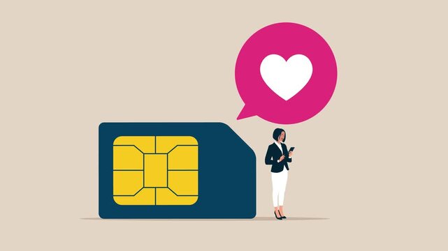 Woman with mobile sim card and hearts rate review in speech bubble. Mobile phone communication scheme. Microcircuit. Connectivity, compatibility, and mobility. Business 2d animation video