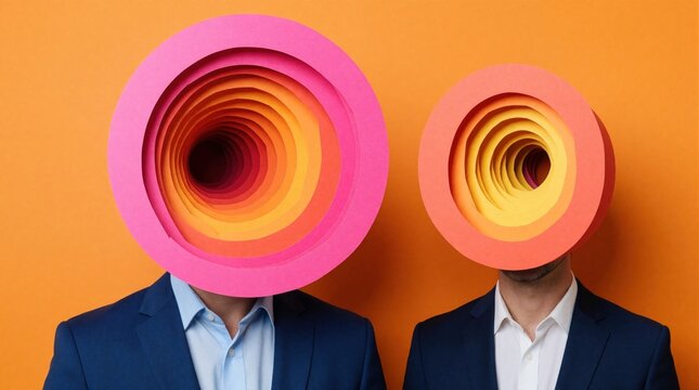Two business men wear large colorful paper megaphones over heads. Creative concept for mass communication, loud marketing, social influence, consumer behavior research. Concept of spreading message,